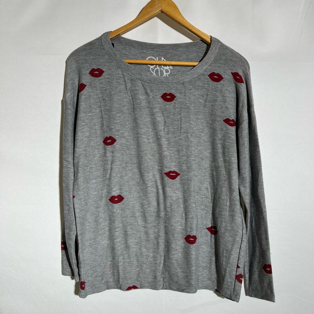 Chaser Gray Long Sleeve Sweater with Red Lip Print